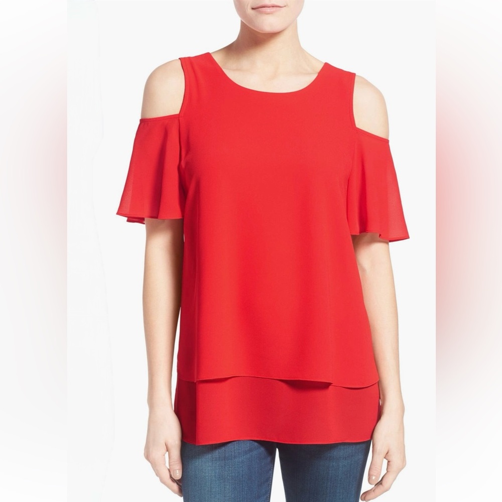 Bobeau x Nordstrom Tiered Cold Shoulder Women’s Blouse Top in Red l Large l EUC